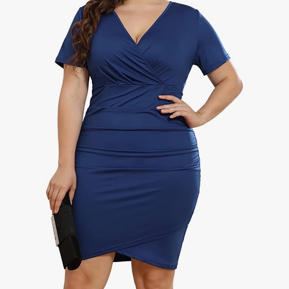 Plus Size Summer Dresses Ruched Short Sleeve Bodycon Wrap Dress Deep V Neck - Picture 3 of 6